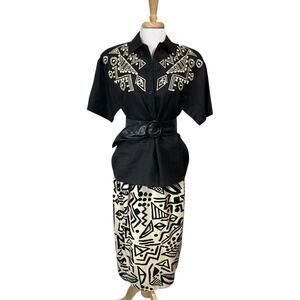 Vintage I.B. Diffusion Black Ivory Travel Boho Beaded Tribal Top & Skirt Set sz8